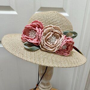 Elegant Women's Tweed Sun Hat With Satin Flowers And Pearls Special Event (NEW)